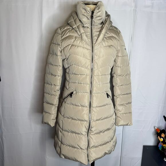 Laundry by Shelli Segal Beige Hooded Long Puffer Coat XS Cinched Waist - Picture 3 of 9